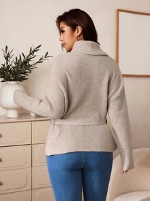 Truni Plus-Size Women's Elegant Waist-Cinching Cinched Waist Cardigan Sweater Pear Body,Triangle Body Winter - Khaki - View 3