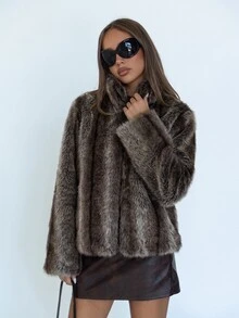 SHEIN ICON Women's Autumn/Winter Long Sleeve Stand Collar Loose Faux Fur Coat - Rust Brown - View 3