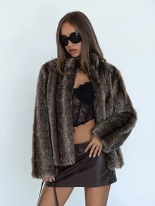 SHEIN ICON Women's Autumn/Winter Long Sleeve Stand Collar Loose Faux Fur Coat - Rust Brown - View 1
