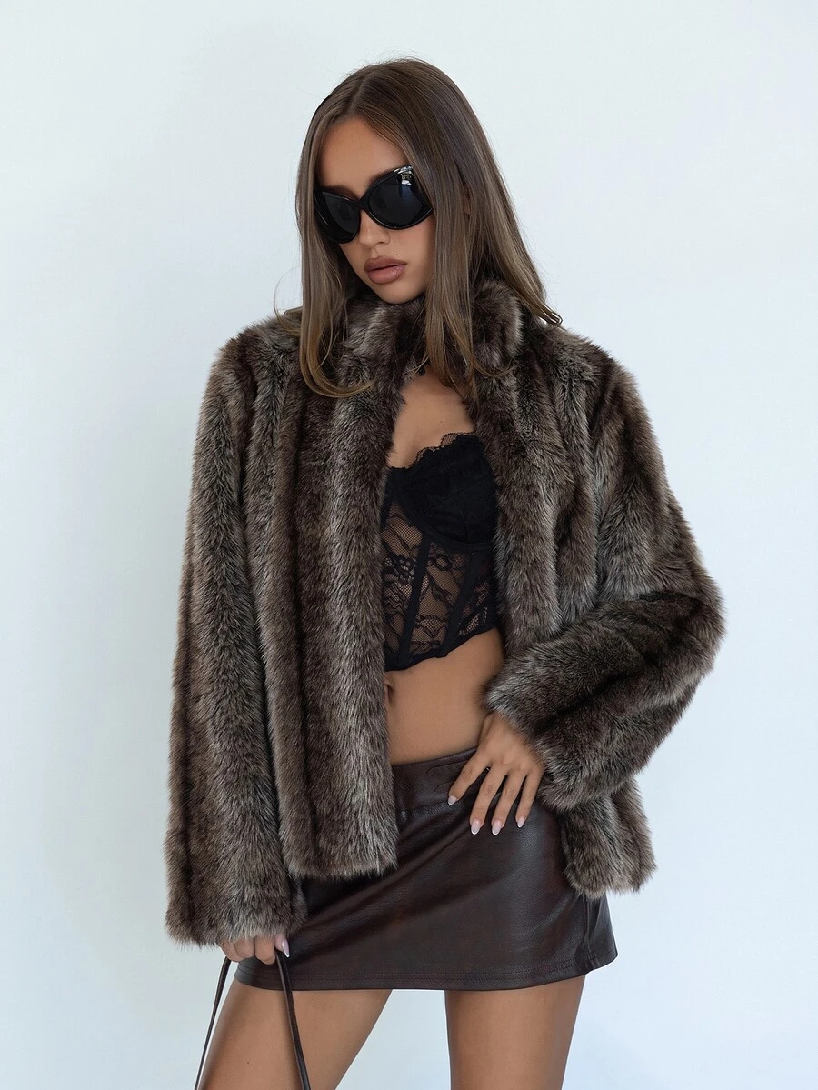 SHEIN ICON Women's Autumn/Winter Long Sleeve Stand Collar Loose Faux Fur Coat - Rust Brown - View 1