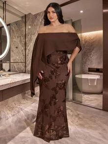 SHEIN CURVE+ Plus Size Women Cold Shoulder Floral Embroidered Mesh Patchwork Dress Wedding Formal Occasion Brown Autumn Winter Elegant 1920s Style, Suitable For Plus Size 5XL-8XL - Brown - View 2