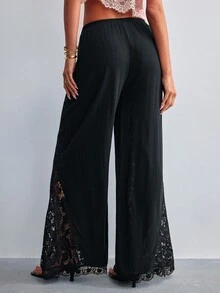 Willow Rêve Women's Black Lace Patchwork Flare Leg Pants - Black - View 2