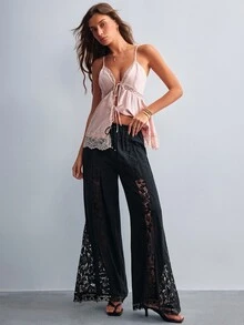 Willow Rêve Women's Black Lace Patchwork Flare Leg Pants - Black - View 5