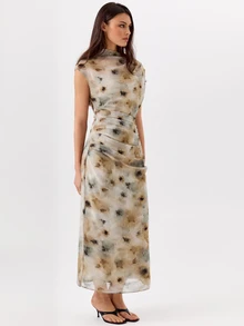 KÆRIA Hus Cap Sleeve Draped Waist Dress - Whisper Chiffon - Abstract Floral  - Multicolor - View 3