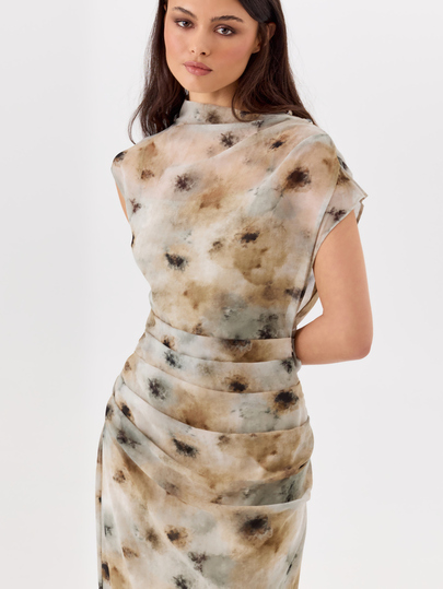 KÆRIA Hus Gaun Lengan Pendek dengan Lipatan di Pinggang - Chiffon Lembut - Motif Bunga Abstrak untuk Pesta Koktail, Warna Beige, Musim Panas, Kasual, Elegan