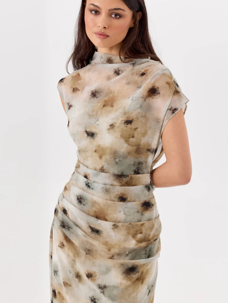 KÆRIA Hus Cap Sleeve Draped Waist Dress - Whisper Chiffon - Abstract Floral - Multicolor - View 1