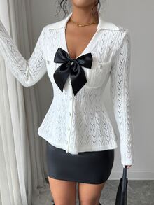Elenzga V-Neck Knitted Bow Design Front Pocket Slim Fit Cardigan For Women, Autumn/Winter - Apricot - View 6