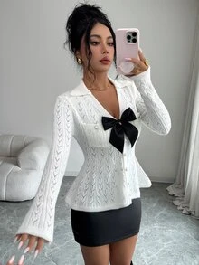 Elenzga V-Neck Knitted Bow Design Front Pocket Slim Fit Cardigan For Women, Autumn/Winter - Apricot - View 3