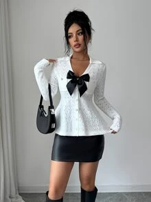 Elenzga V-Neck Knitted Bow Design Front Pocket Slim Fit Cardigan For Women, Autumn/Winter - Apricot - View 1