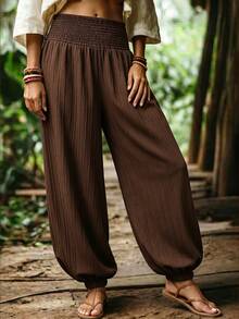 Louniche Women's Fall/Winter Casual Vacation Waist-Cinch Loose Textured Fabric Lantern Pants, Suitable For Daily Wear And Vacation - Coffee Brown - View 7