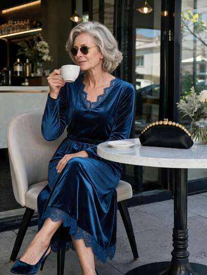 Offisola European And American Autumn/Winter Solid Color Velvet Lace Patchwork V-Neck Cinched Waist A-Line Long Sleeve Women's Dress, Elegant And Sophisticated, Suitable For Formal Banquets, Holiday Parties And Gatherings