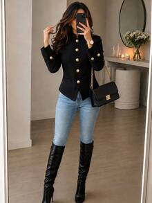Yalmera Women's Elegant Slim Fit Stand Collar Button Design Jacket - Black - View 3