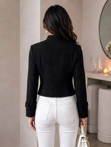 Yalmera Women's Elegant Slim Fit Stand Collar Button Design Jacket - Black - View 2