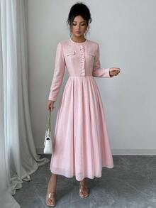 GlowEve Elegant Long Sleeve Contrast Mesh Afternoon Tea Daily Outing Shopping Party Women's Solid Color Long Dress - Pink - View 4