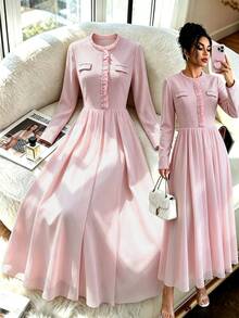 GlowEve Elegant Long Sleeve Contrast Mesh Afternoon Tea Daily Outing Shopping Party Women's Solid Color Long Dress - Pink - View 7
