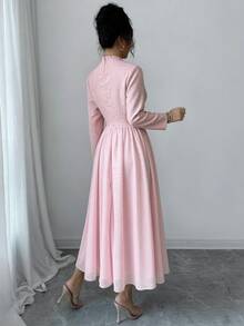 GlowEve Elegant Long Sleeve Contrast Mesh Afternoon Tea Daily Outing Shopping Party Women's Solid Color Long Dress - Pink - View 2