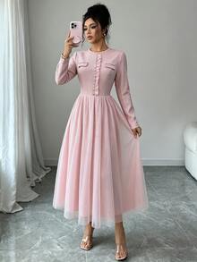 GlowEve Elegant Long Sleeve Contrast Mesh Afternoon Tea Daily Outing Shopping Party Women's Solid Color Long Dress - Pink - View 5