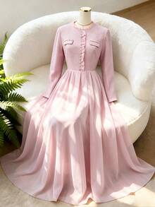 GlowEve Elegant Long Sleeve Contrast Mesh Afternoon Tea Daily Outing Shopping Party Women's Solid Color Long Dress - Pink - View 6