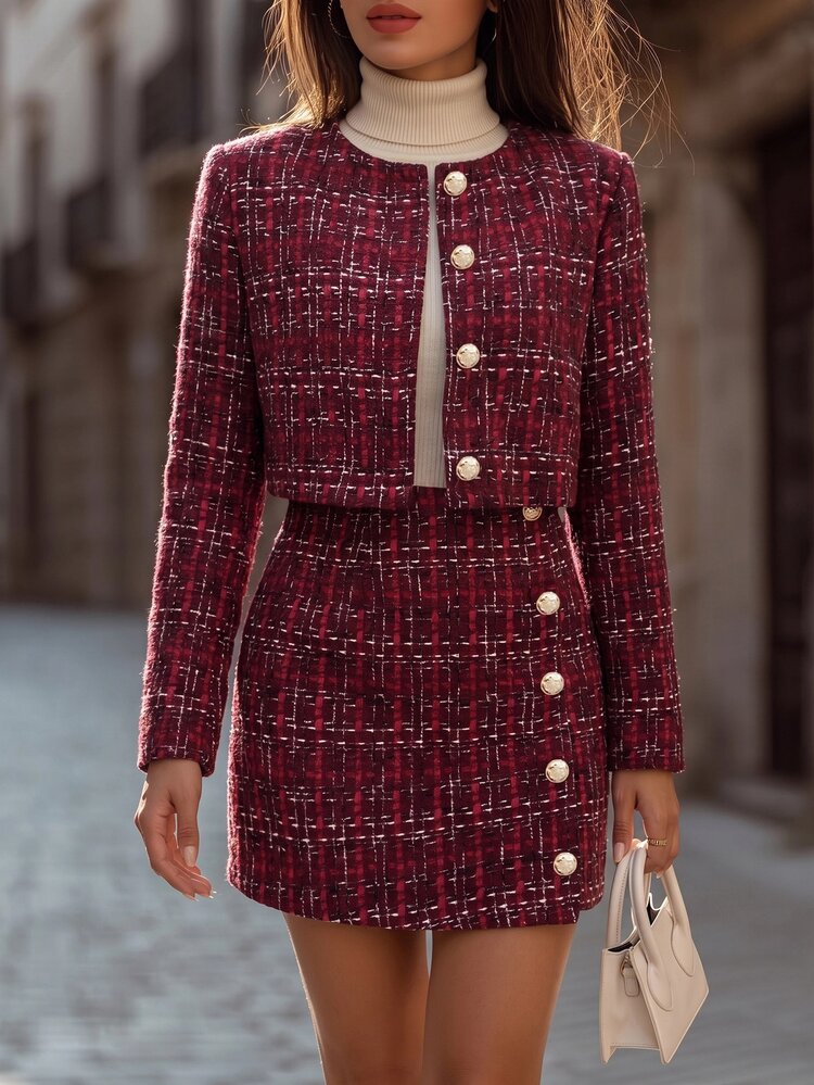 Balvessa Women's Elegant Commute Cropped Jacket & Skirt 2 Pieces Set - Burgundy - View 3
