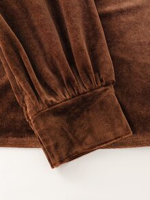 Everyssa Velvet Asymmetrical Shoulder Long Sleeve Women Casual Shirt + Velvet Elastic Waist Wide Leg Pants Two Pieces Set - Coffee Brown - View 4