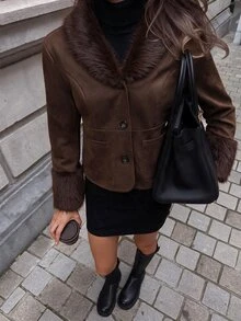 Avenya Vintage Style Faux Fur Patchwork Lapel Suede Pocket Short Jacket - Brown - View 7