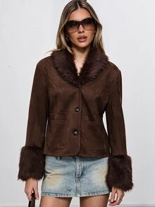 Avenya Vintage Style Faux Fur Patchwork Lapel Suede Pocket Short Jacket - Brown - View 5