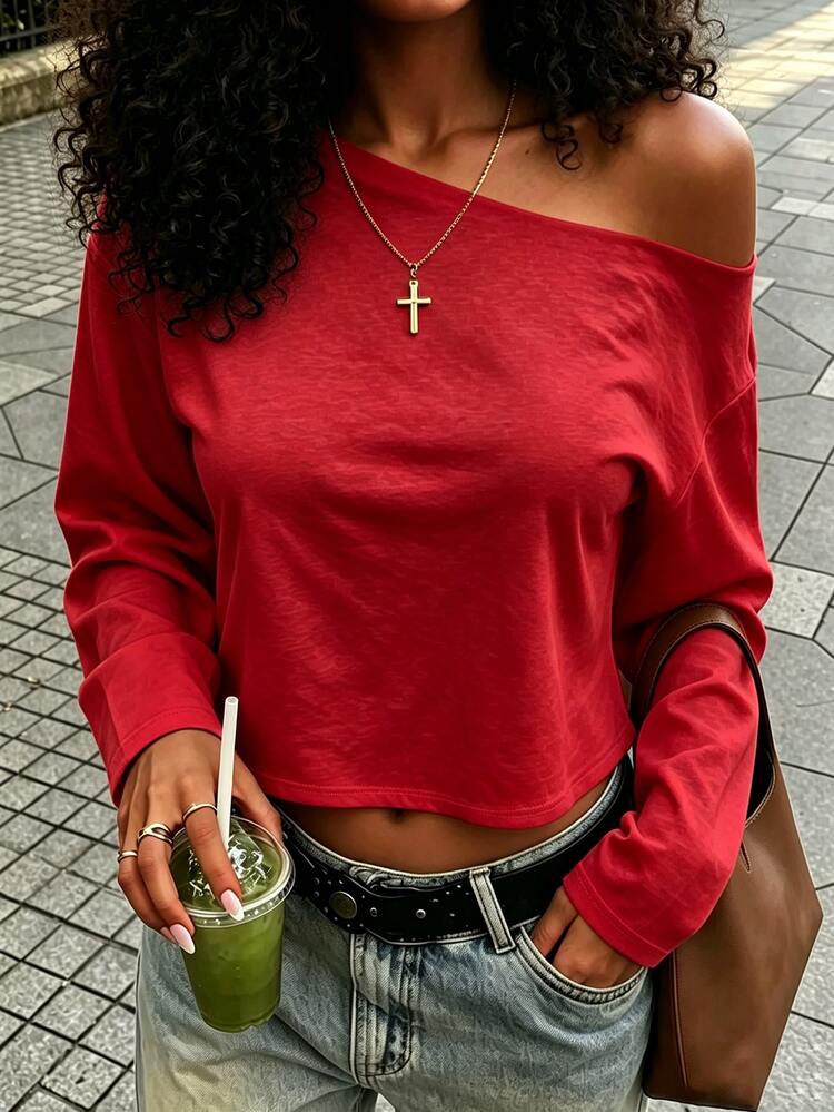 Rovax Women's Solid Color Casual Fitted Short Asymmetrical Shoulder Long Sleeve T-Shirt - White - View 4