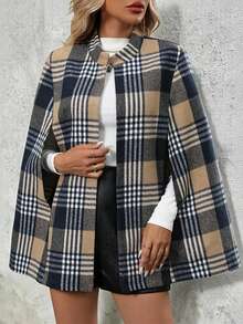 SHEIN British Style Brown Black Plaid Cape Coat Women Stand Collar Open Front Loose Wool Blend Mid Length Jacket - Khaki - View 5