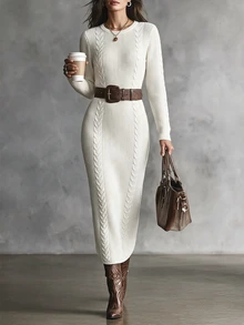 SHEIN Women's Autumn/Winter Casual Solid Color Knit Dress - Beige - View 6
