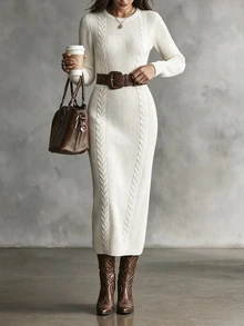 SHEIN Women's Autumn/Winter Casual Solid Color Knit Dress - Beige - View 4