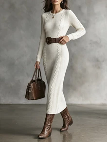 SHEIN Women's Autumn/Winter Casual Solid Color Knit Dress - Beige - View 3