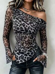 Rafferiza Random Print Loose Fit Asymmetrical Shoulder Long Sleeve Leopard Mesh Cover Up T-Shirt For Women Graphic Cheetah Print Tees Women Tops For Spring Fall - Multicolor - View 3