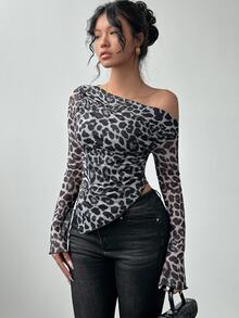 Rafferiza Random Print Loose Fit Asymmetrical Shoulder Long Sleeve Leopard Mesh Cover Up T-Shirt For Women Graphic Cheetah Print Tees Women Tops For Spring Fall - Multicolor - View 5