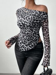Rafferiza Random Print Loose Fit Asymmetrical Shoulder Long Sleeve Leopard Mesh Cover Up T-Shirt For Women Graphic Cheetah Print Tees Women Tops For Spring Fall - Multicolor - View 6