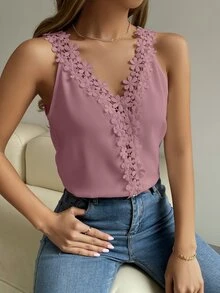 SHEIN Guipure Lace Panel Tank Top - Purple - View 4