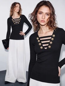 SHEIN Vintage Metal Button Front Tie Hollow Out Slim Fit Versatile Long Sleeve T-Shirt - Black - View 6