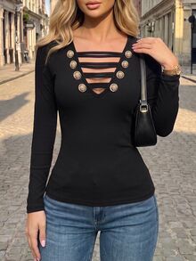 SHEIN Vintage Metal Button Front Tie Hollow Out Slim Fit Versatile Long Sleeve T-Shirt - Black - View 5