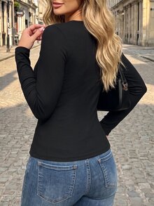 SHEIN Vintage Metal Button Front Tie Hollow Out Slim Fit Versatile Long Sleeve T-Shirt - Black - View 2