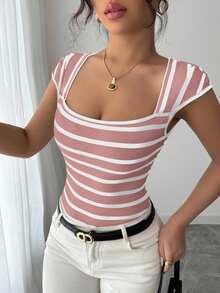 Franclia French Minimalist Fitted Striped Knit Short Sleeve T-Shirt, Unique Design, Versatile, Spring/Summer New Arrival - Pink - View 6