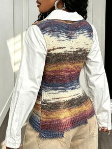 SHEIN BamGlam Women's V-Neck Sleeveless Distressed Multi-Color Gradient Minimalist Casual Daily Street Style Sweater Vest - Multicolor - View 2