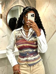 SHEIN BamGlam Women's V-Neck Sleeveless Distressed Multi-Color Gradient Minimalist Casual Daily Street Style Sweater Vest - Multicolor - View 3