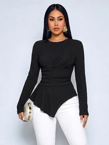 SOLERSUN Atasan Wanita Kerah Bulat Model Lilitan dengan Lipatan di Pinggang dan Potongan Mengembang Lengan Panjang dengan Hem Asimetris, Cocok untuk Santai Sehari-hari dan Pesta - Hitam - View 7