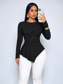 SOLERSUN Atasan Wanita Kerah Bulat Model Lilitan dengan Lipatan di Pinggang dan Potongan Mengembang Lengan Panjang dengan Hem Asimetris, Cocok untuk Santai Sehari-hari dan Pesta - Hitam - View 8