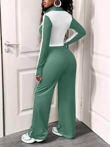 SHEIN BamGlam Women's Casual 2 Pieces Set, Color Block Design, Long Sleeve Zip-Up Jacket And Drawstring Pants, Autumn - Green - View 2