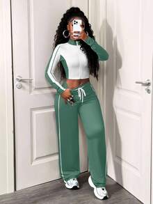 SHEIN BamGlam Women's Casual 2 Pieces Set, Color Block Design, Long Sleeve Zip-Up Jacket And Drawstring Pants, Autumn - Green - View 5