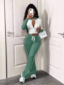 SHEIN BamGlam Women's Casual 2 Pieces Set, Color Block Design, Long Sleeve Zip-Up Jacket And Drawstring Pants, Autumn - Green - View 8