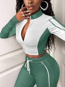 SHEIN BamGlam Women's Casual 2 Pieces Set, Color Block Design, Long Sleeve Zip-Up Jacket And Drawstring Pants, Autumn - Green - View 7