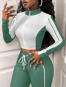 SHEIN BamGlam Women's Casual 2 Pieces Set, Color Block Design, Long Sleeve Zip-Up Jacket And Drawstring Pants, Autumn - Green - View 4