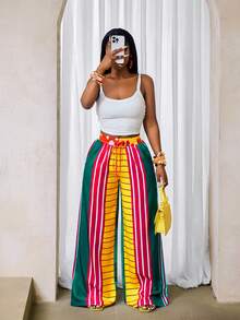 BamGleam 2025 Summer New Wide Leg Sexy Color Blocked Casual Pants With Pockets Suitable For Parties And Holidays Fall Cloth For Women - Multicolor - View 4
