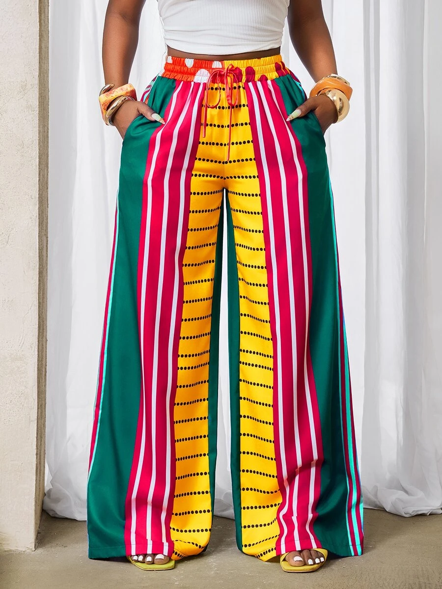 BamGleam 2025 Summer New Wide Leg Sexy Color Blocked Casual Pants With Pockets Suitable For Parties And Holidays Fall Cloth For Women - Multicolor - View 1